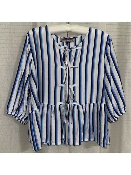 hester & orchard Tops - hester & orchard L White Blue Stripe Baby Doll Front Ties Quarter Sleeve Blouse